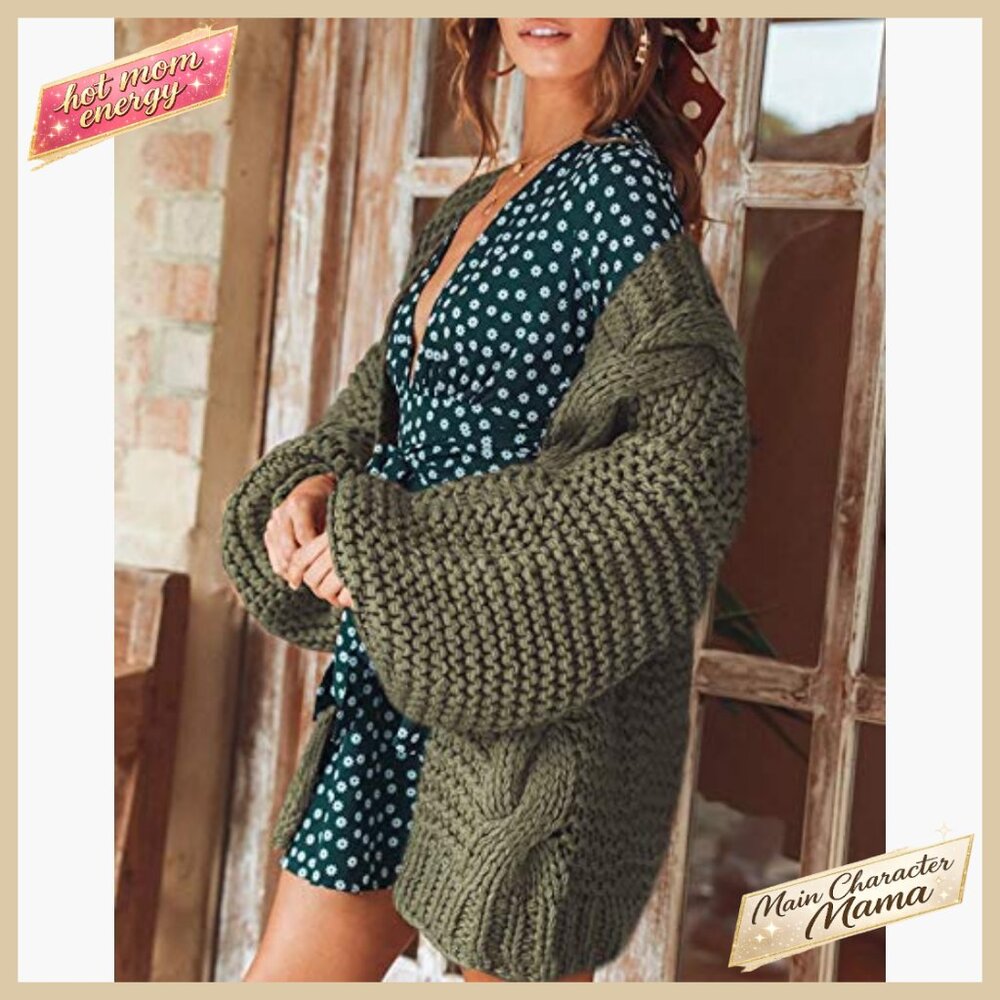 Chunky Cable Knit Oversized Cardigan Batwing Sleeve Open Front Sweater - Picture 3 of 7